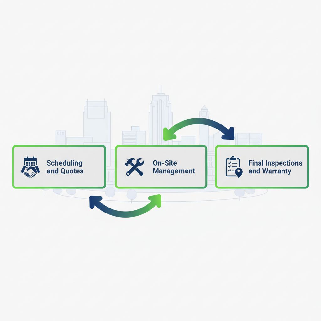 Horizontal process flow diagram illustrating three stages of working with home renovation contractors: scheduling and quotes, on-site management, and final inspections and warranty.