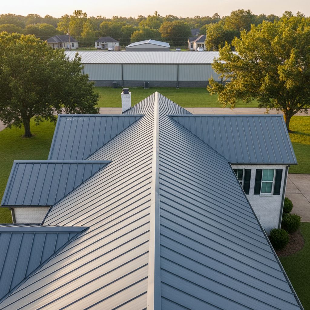 Wide-angle view of durable metal roof on Shreveport residential and commercial buildings under sunny Louisiana sky.