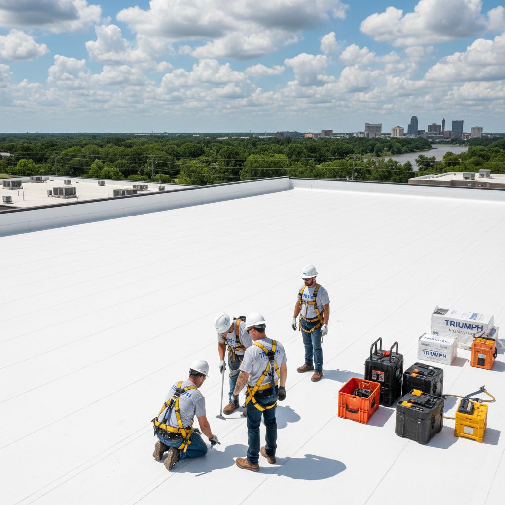 Wide-angle professional photograph of roofing team inspecting flat commercial roof on modern building in Shreveport with city skyline background