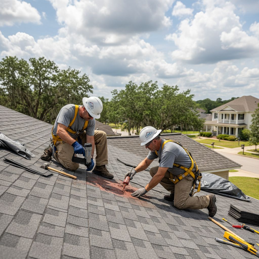 Experienced roof repair contractors working on a damaged asphalt shingle roof in Shreveport, Louisiana, under partly cloudy skies.