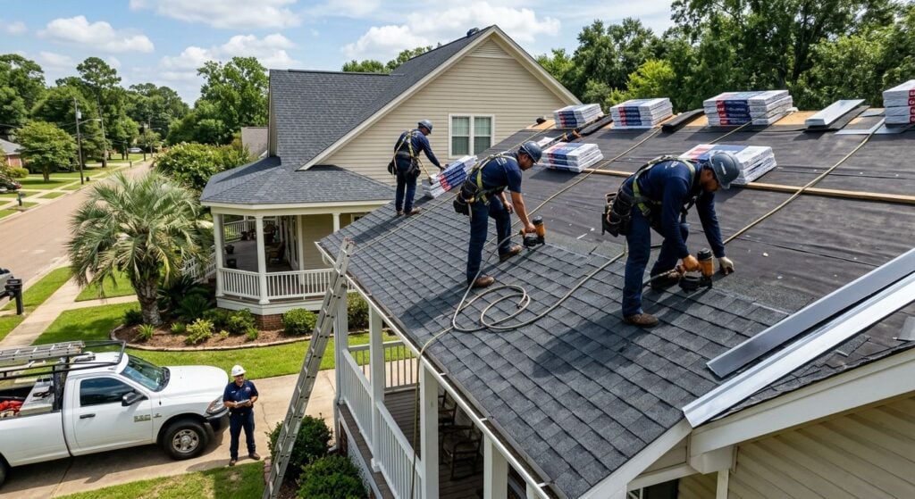 Professional roofing crew installing asphalt shingles on a Louisiana home in Shreveport, emphasizing safety and expertise.