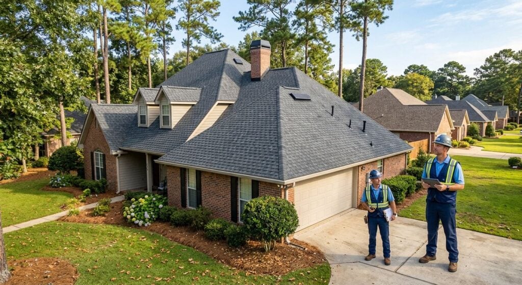 Wide-angle professional photo of Shreveport suburban home with new asphalt shingle roof, contractor in branded uniform in driveway, pine trees and neighborhood background.