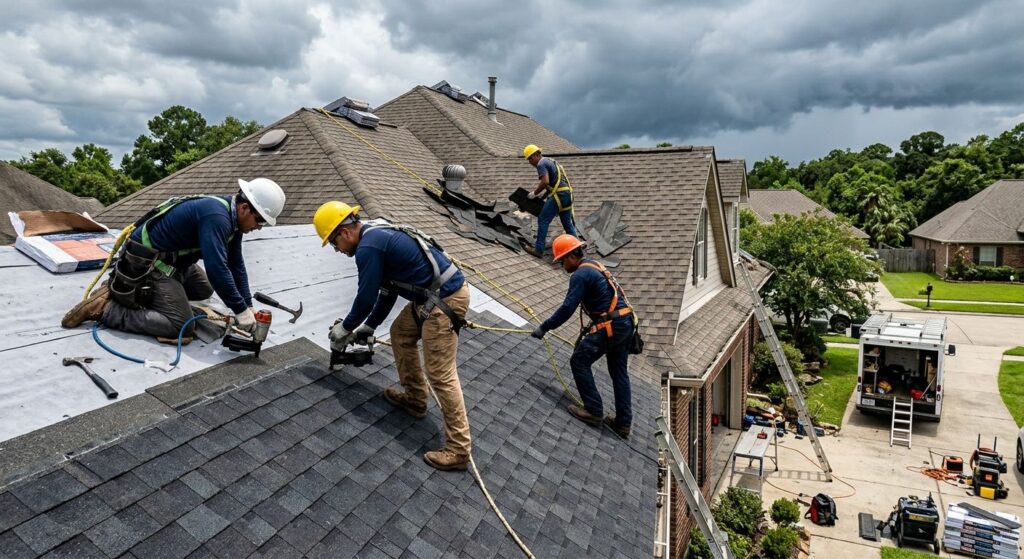 Team of Triumph Roofing contractors installing new asphalt shingles on a sloped residential roof in Louisiana, wearing safety gear with company truck and tools on site under gathering storm clouds.