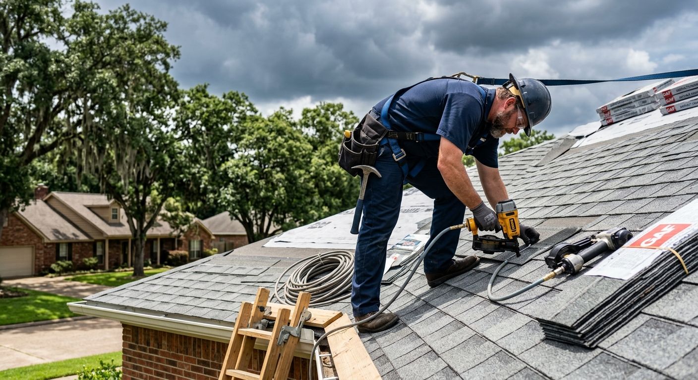Experienced roofing contractor installing asphalt shingles on Shreveport residential roof with live oaks, tools, and storm clouds in background