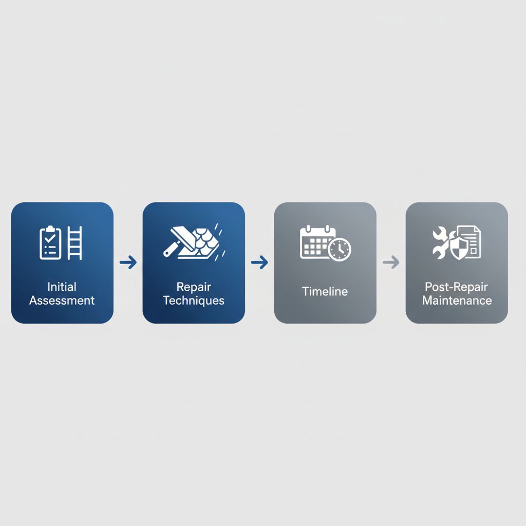 Horizontal process flow diagram illustrating the four stages of roof repair process with icons and labels.