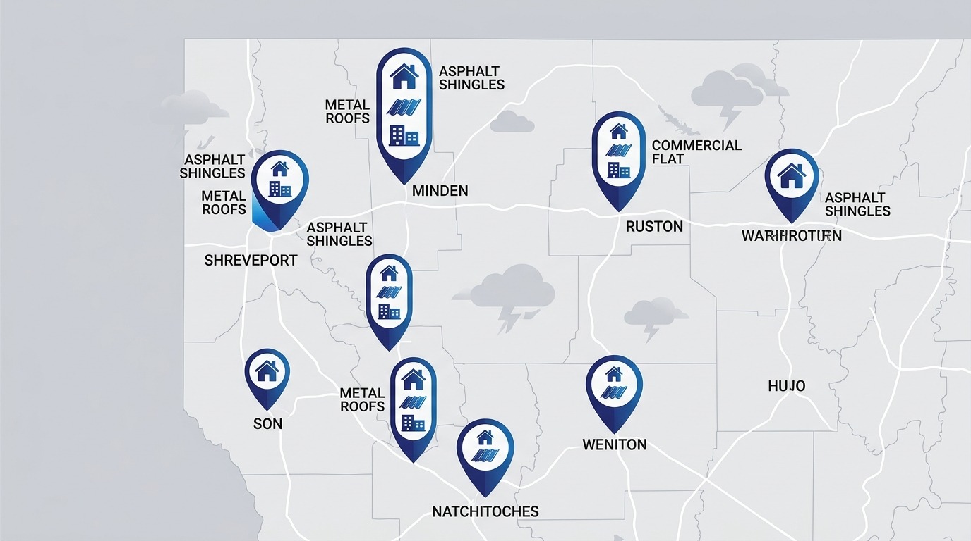 Infographic map showing Triumph Roofing service areas in Northwest Louisiana with icons for asphalt shingles, metal roofs, and commercial flat roofs in Shreveport, Minden, Ruston, and Natchitoches