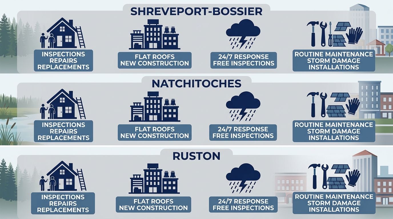 Infographic showing Triumph Roofing services comparison in Shreveport-Bossier, Natchitoches, and Ruston regions