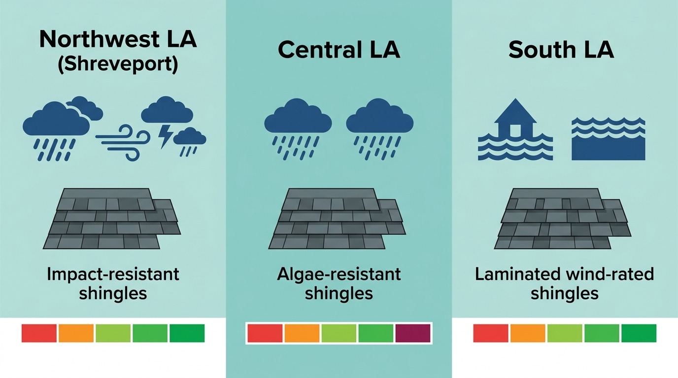 Infographic comparing shingle roof factors across Northwest, Central, and South Louisiana regions with weather icons and resistance bars