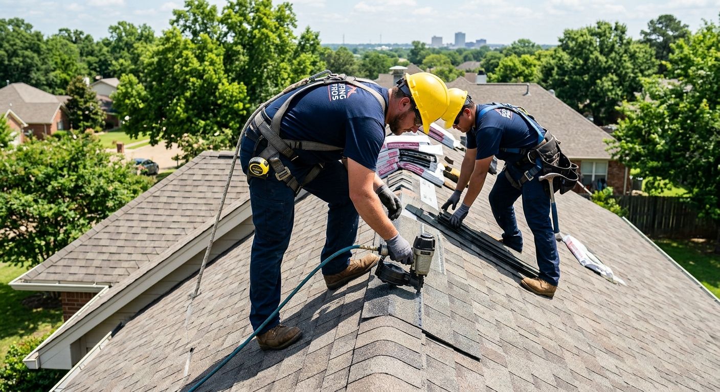 Experienced roofing contractors installing architectural shingles on residential roof in Shreveport, Louisiana, emphasizing professional quality and safety.