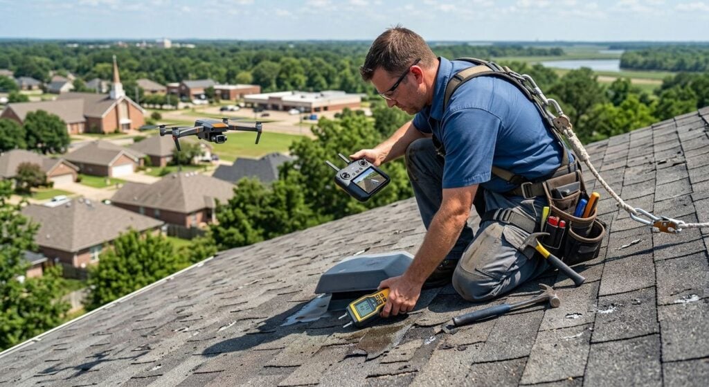 Licensed roofing contractor in uniform inspecting storm damage on Shreveport residential roof using drone and tools, bayou landscape background.