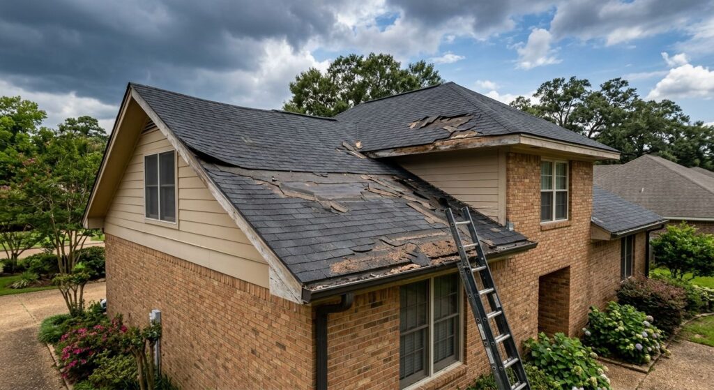 Storm-damaged residential roof in Shreveport with missing shingles, gutter granules, and sagging roofline under receding storm clouds.
