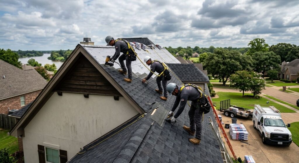 Skilled roofing team installing asphalt shingles on residential home in Shreveport, Louisiana with safety gear and materials.