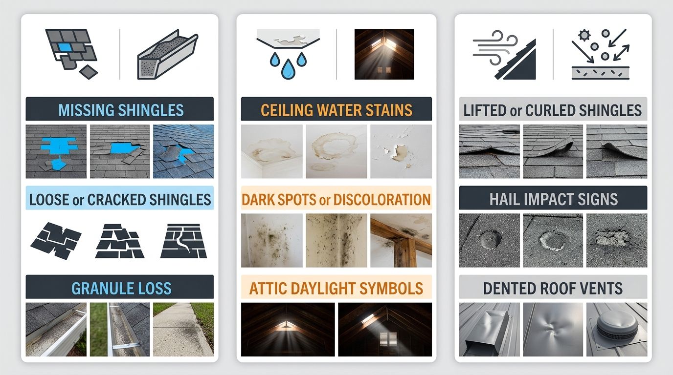 Infographic showing three columns of exterior, interior, and weather-related roof damage signs with blue and orange accents.