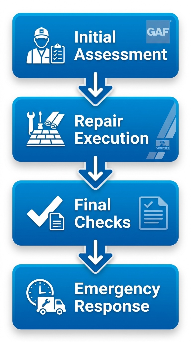 Vertical process flow diagram illustrating Triumph Roofing's four key stages of commercial roof repair: assessment, execution, checks, and emergency response.