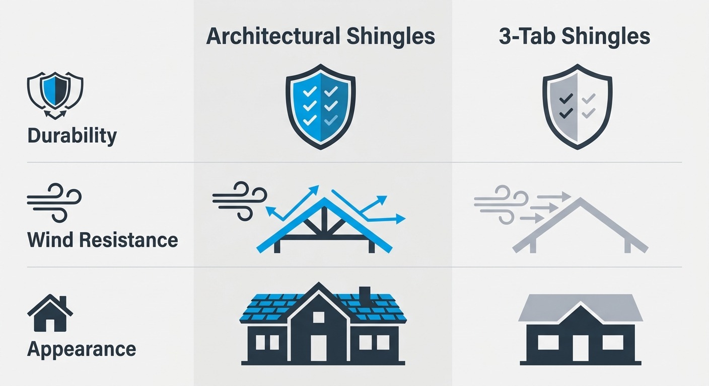 Infographic comparing Architectural Shingles and 3-Tab Shingles on durability, wind resistance, and appearance with icons and checkmarks