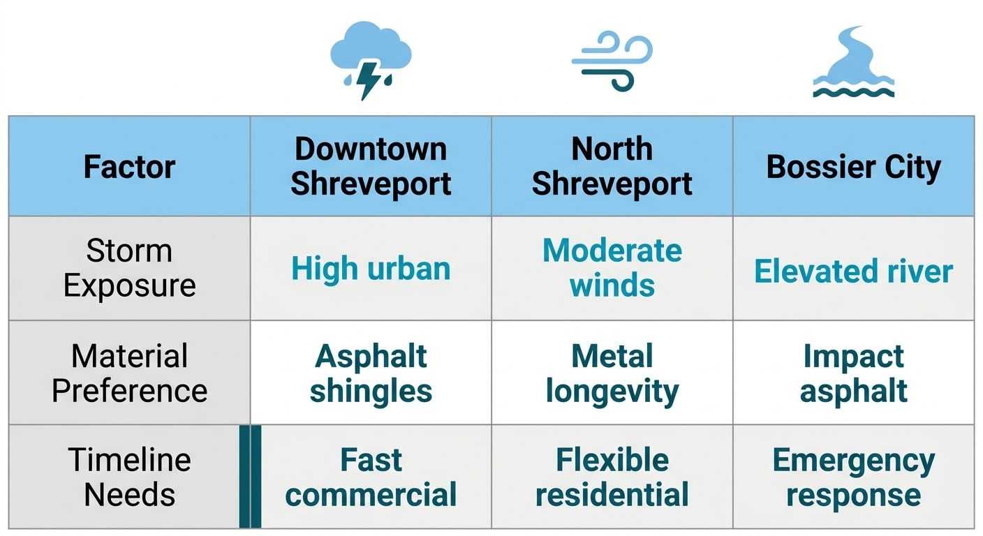 Infographic table comparing roof replacement factors like storm exposure, material preferences, and timeline needs across Shreveport areas: Downtown, North Shreveport, Bossier City.