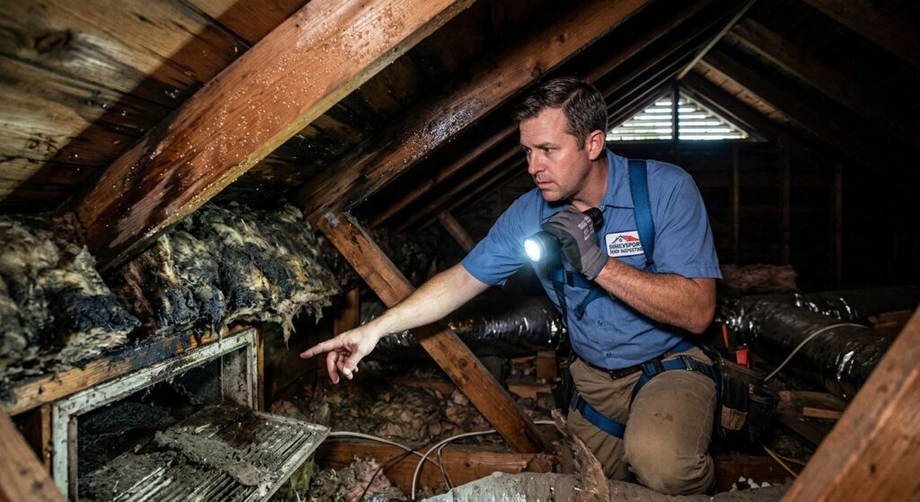 Professional roofing inspector in a Shreveport attic highlighting ventilation problems with a flashlight beam on moisture-damaged insulation and blocked vents
