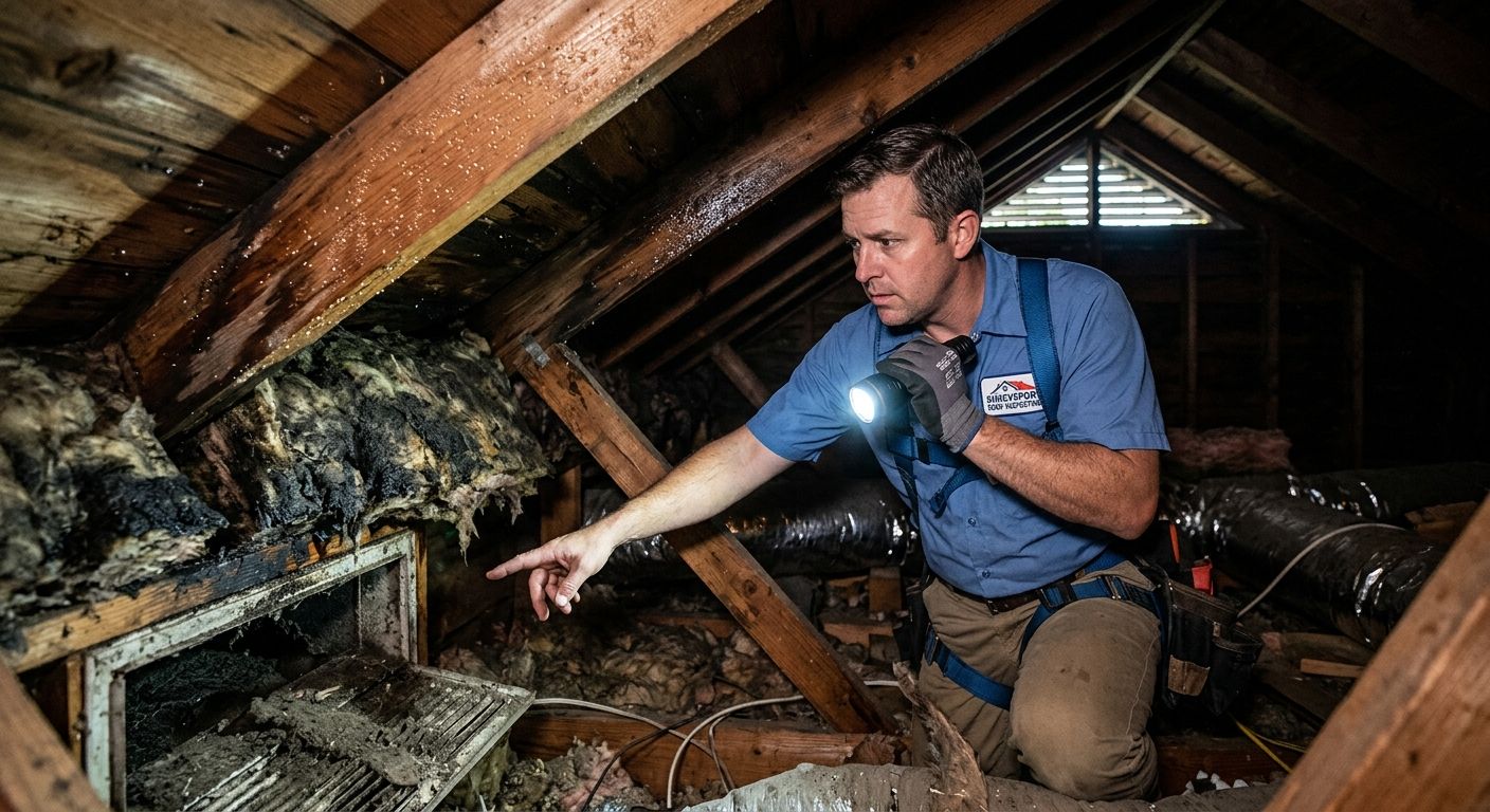 Professional roofing inspector in a Shreveport attic highlighting ventilation problems with a flashlight beam on moisture-damaged insulation and blocked vents