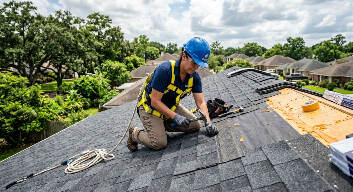 Certified roofing contractor installing impact-resistant shingles on a Louisiana residential roof under partly cloudy sky, wearing safety harness and hard hat, bright daylight emphasizing craftsmanship.