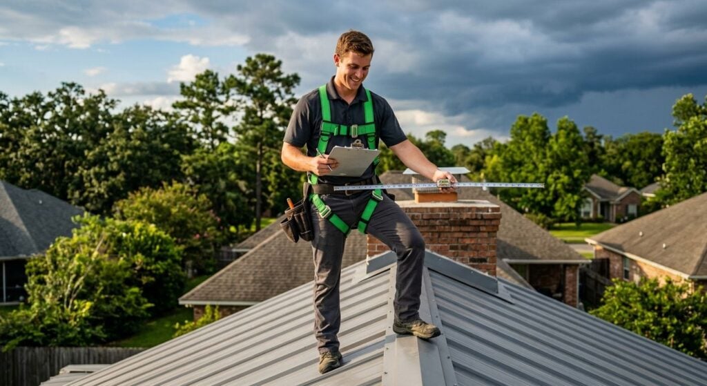 A licensed roofing technician in a Triumph Roofing uniform stands on a metal roof of a Louisiana home, holding a clipboard and measuring tape. The background shows a temperate landscape with storm clouds, emphasizing weather resilience.