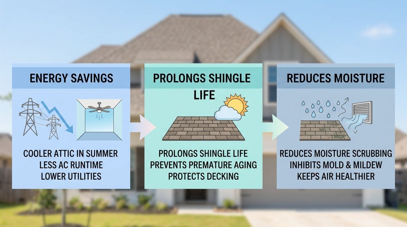 Horizontal infographic showing three benefits of proper roof ventilation in Shreveport