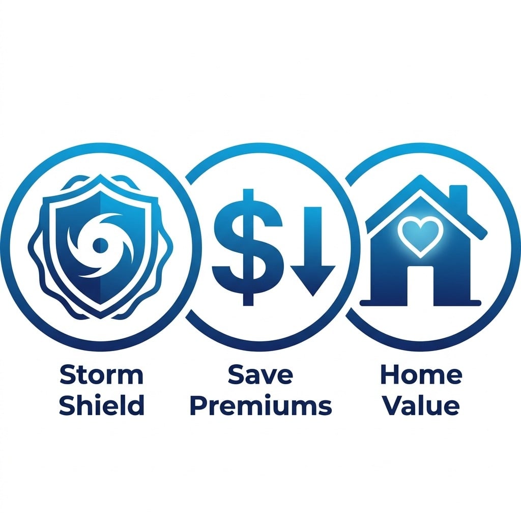 Set of three circular icons with small labels on white background: left icon a shield with hurricane symbol for Storm Shield, center icon a dollar sign with down arrow for Save Premiums, right icon a house with heart for Home Value.