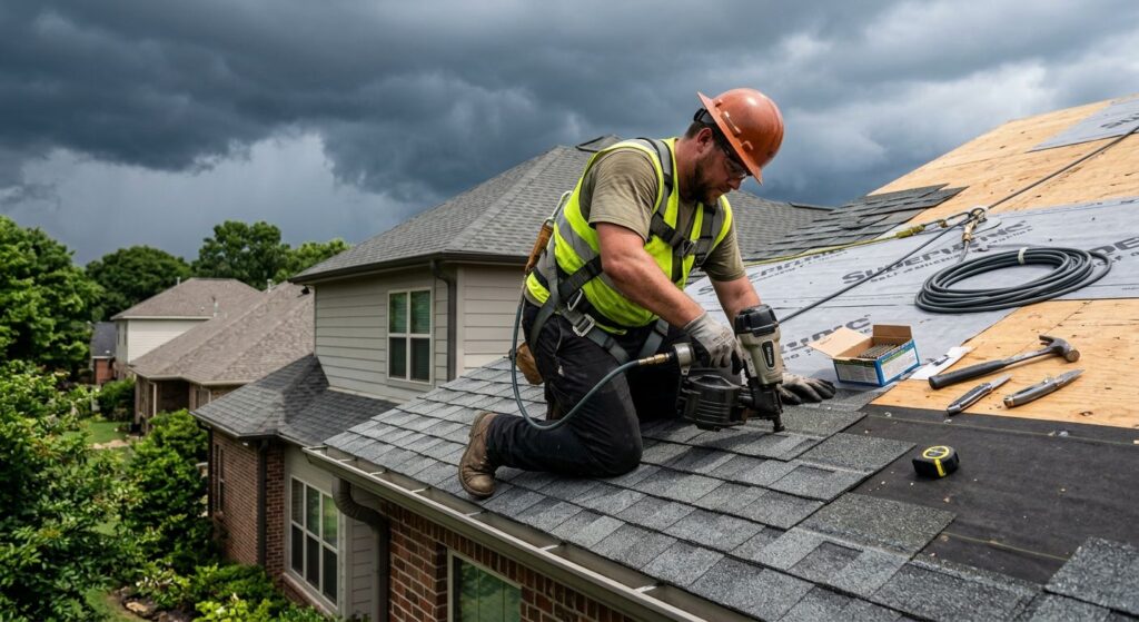 Roofer kneeling on roof deck installing ring-shank nails with nail gun, storm clouds behind, Shreveport home with modern exterior.