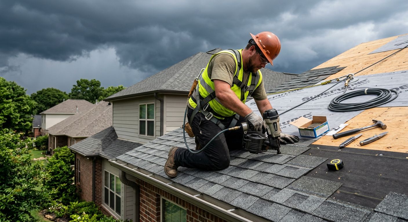 Roofer kneeling on roof deck installing ring-shank nails with nail gun, storm clouds behind, Shreveport home with modern exterior.