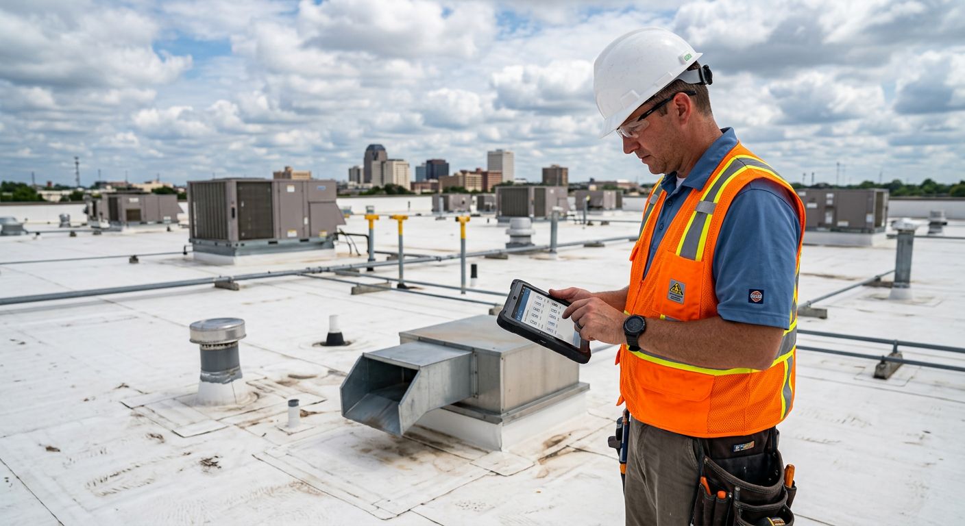 Commercial roofing inspector examining TPO membrane on a flat roof in Shreveport, Louisiana