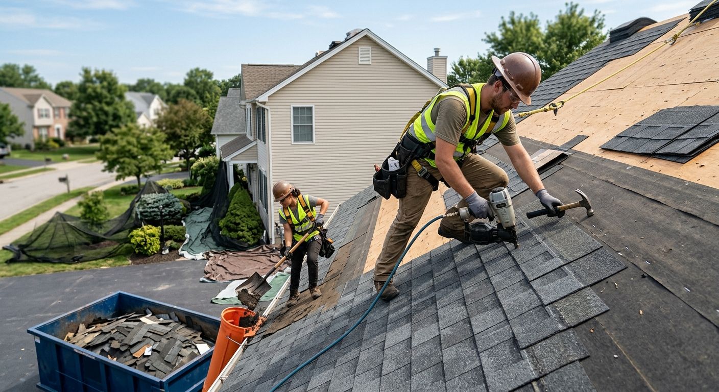 Professional photograph of a roofing crew replacing asphalt shingles on a residential roof under a clear blue sky, with workers in safety gear using a nail gun and removing old shingles, conveying professionalism and trustworthiness.