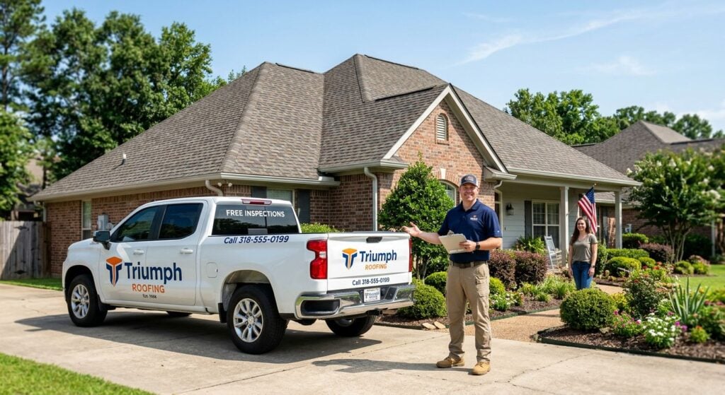 Professional photograph of a Shreveport home with new architectural shingles, roofing consultant with clipboard, and Triumph Roofing truck in driveway under bright Louisiana sunlight.