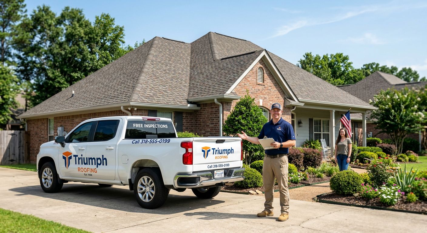 Professional photograph of a Shreveport home with new architectural shingles, roofing consultant with clipboard, and Triumph Roofing truck in driveway under bright Louisiana sunlight.