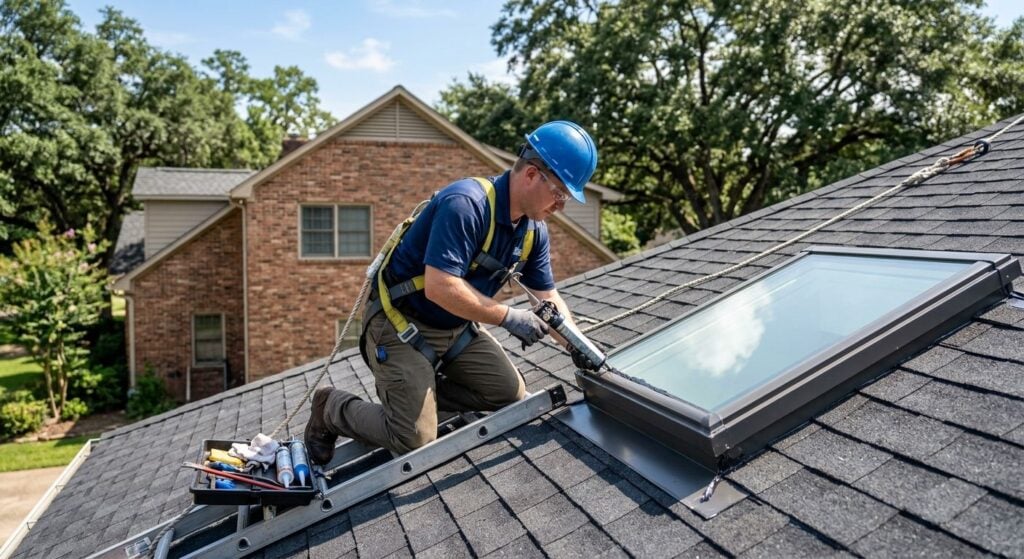 Triumph Roofing technician in safety gear installing a skylight on a Shreveport roof, with dark shingles and reflecting sunlight, surrounded by oak trees and a brick house.