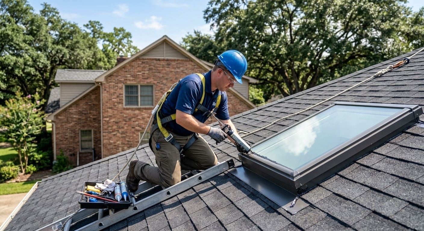 Triumph Roofing technician in safety gear installing a skylight on a Shreveport roof, with dark shingles and reflecting sunlight, surrounded by oak trees and a brick house.