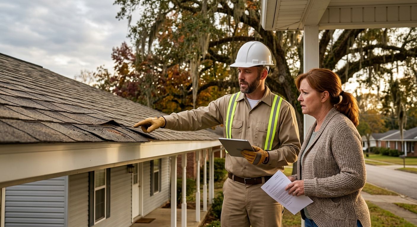 Certified roofing inspector documenting wind-damaged roof shingles on a Louisiana home with a homeowner nearby.