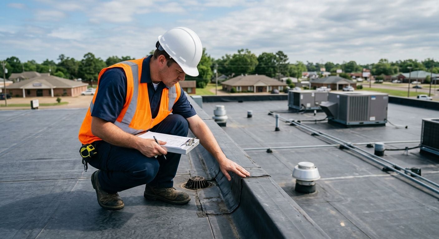 Triumph Roofing technician inspecting a commercial flat roof in Northwest Louisiana, wearing hard hat and safety vest, holding clipboard.