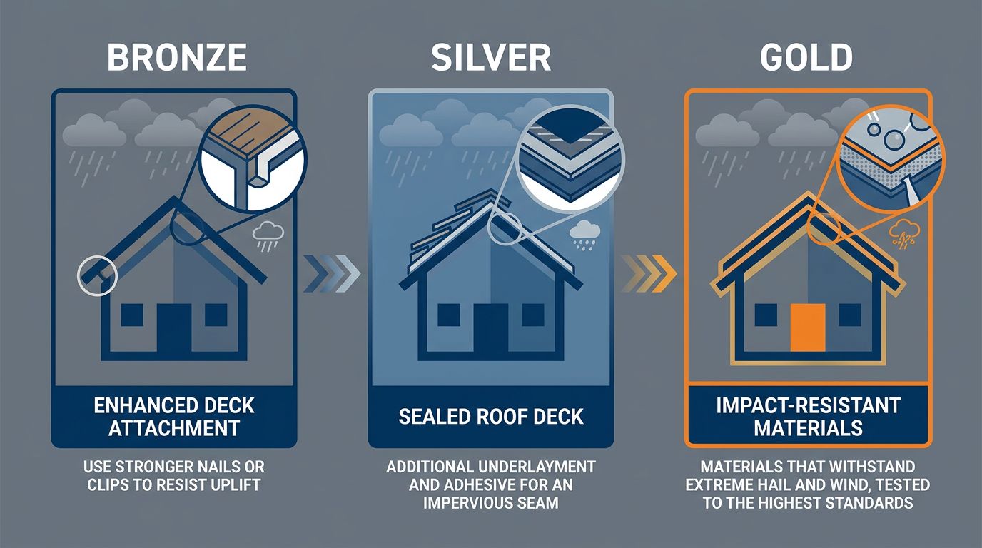 Horizontal infographic comparing three IBHS FORTIFIED roof levels: Bronze, Silver, and Gold, with progressively stronger roof reinforcement layers and safety orange accent for the Gold tier.