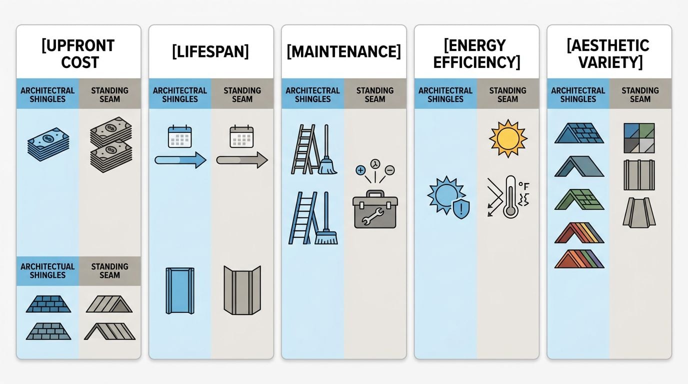 Infographic comparing architectural asphalt shingles and standing seam metal roofing across five criteria: upfront cost, lifespan, maintenance, energy efficiency, and aesthetic variety.