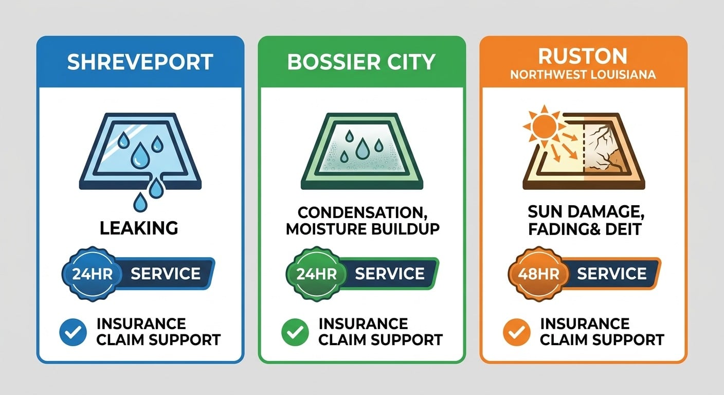 Three column skylight service comparison infographic for Shreveport, Bossier City, and Ruston showing common issues, response times, and insurance claim support