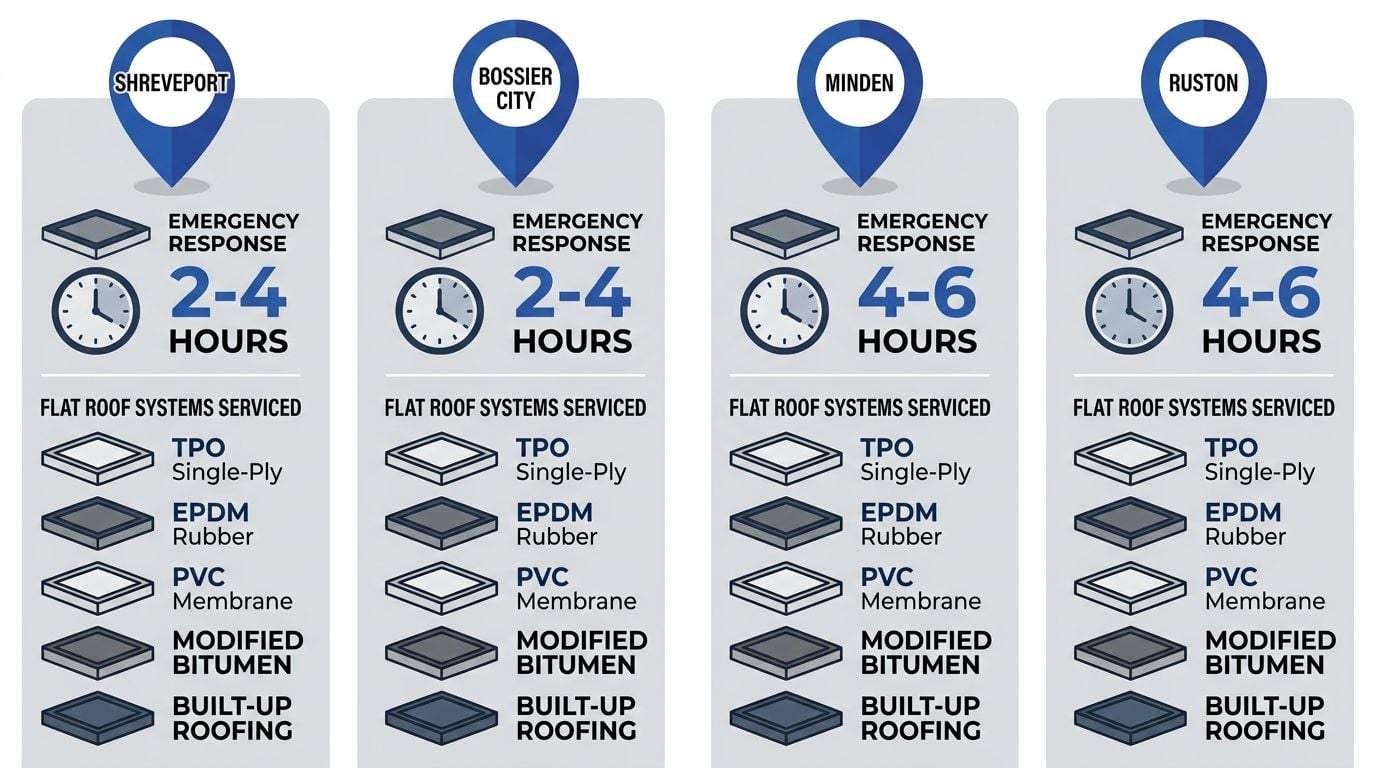 Horizontal infographic comparing flat roof repair services across Shreveport, Bossier City, Minden, and Ruston with emergency response times and supported roof systems.
