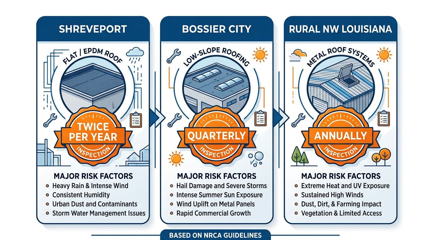 Three-column infographic comparing commercial roof maintenance needs in Shreveport, Bossier City, and Northwest Louisiana rural areas with inspection frequencies and risk factors