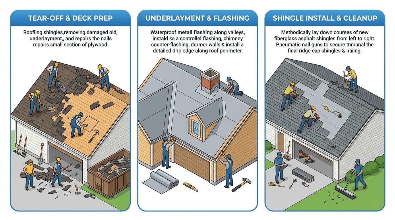 Three-stage horizontal process flow for asphalt shingle roof replacement showing tear-off and deck preparation, underlayment and flashing installation, and shingle installation with cleanup.
