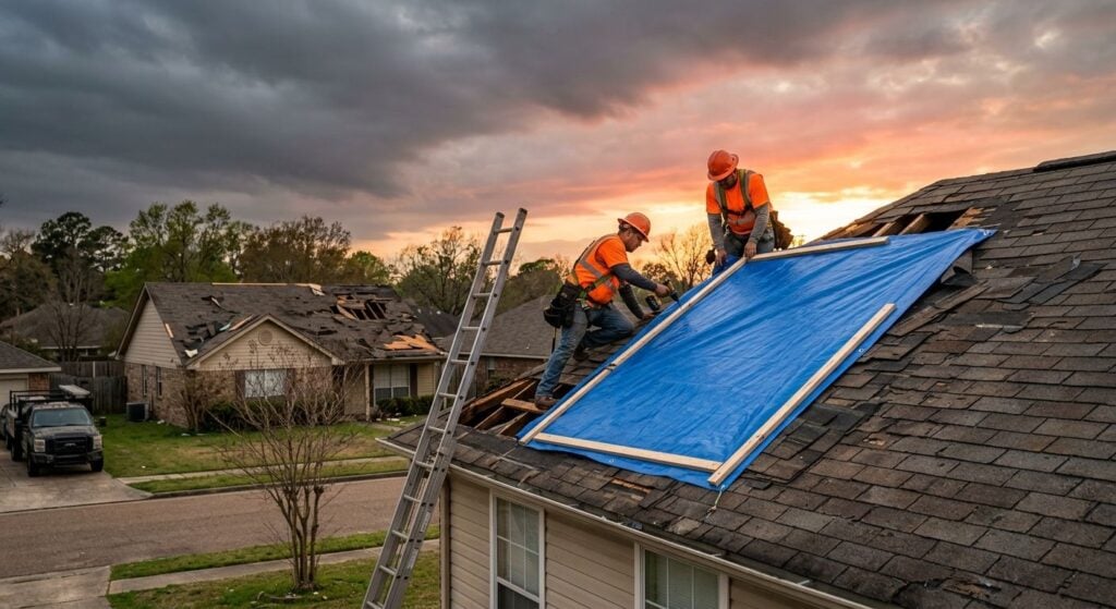 Two roofing technicians in safety vests secure a blue tarp over storm-damaged shingles on a Shreveport home, with fading storm clouds and sunset light in the background, demonstrating Triumph Roofing's emergency response.
