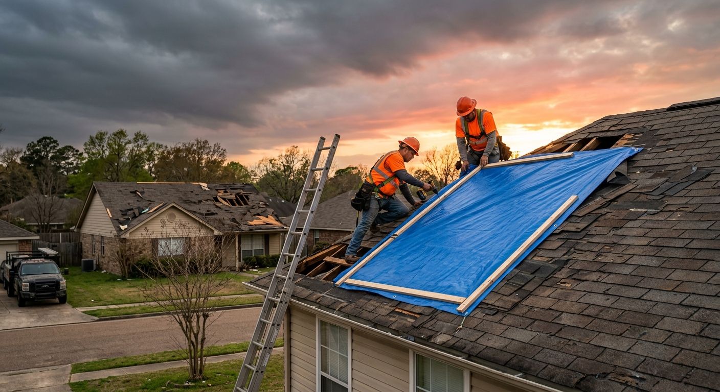 Two roofing technicians in safety vests secure a blue tarp over storm-damaged shingles on a Shreveport home, with fading storm clouds and sunset light in the background, demonstrating Triumph Roofing's emergency response.