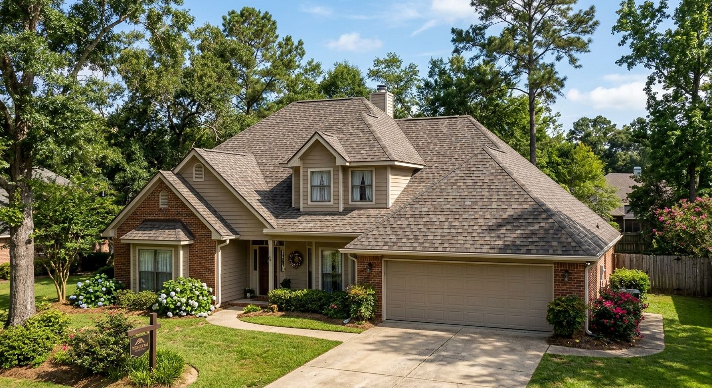 Professional photo of a Shreveport home with a newly installed GAF Timberline HDZ weathered wood shingle roof, sunlight highlighting texture, blue sky, mature trees, subtle Triumph Roofing sign in yard.