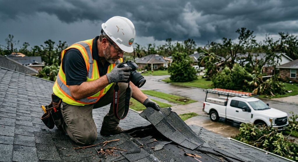 Professional roofing contractor kneeling on shingle roof after hurricane, inspecting storm damage with camera under dark clouds, truck in driveway