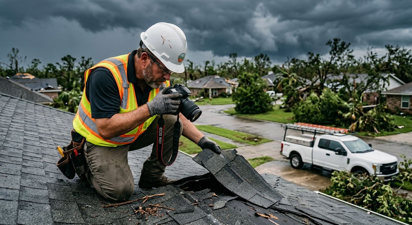 Professional roofing contractor kneeling on shingle roof after hurricane, inspecting storm damage with camera under dark clouds, truck in driveway