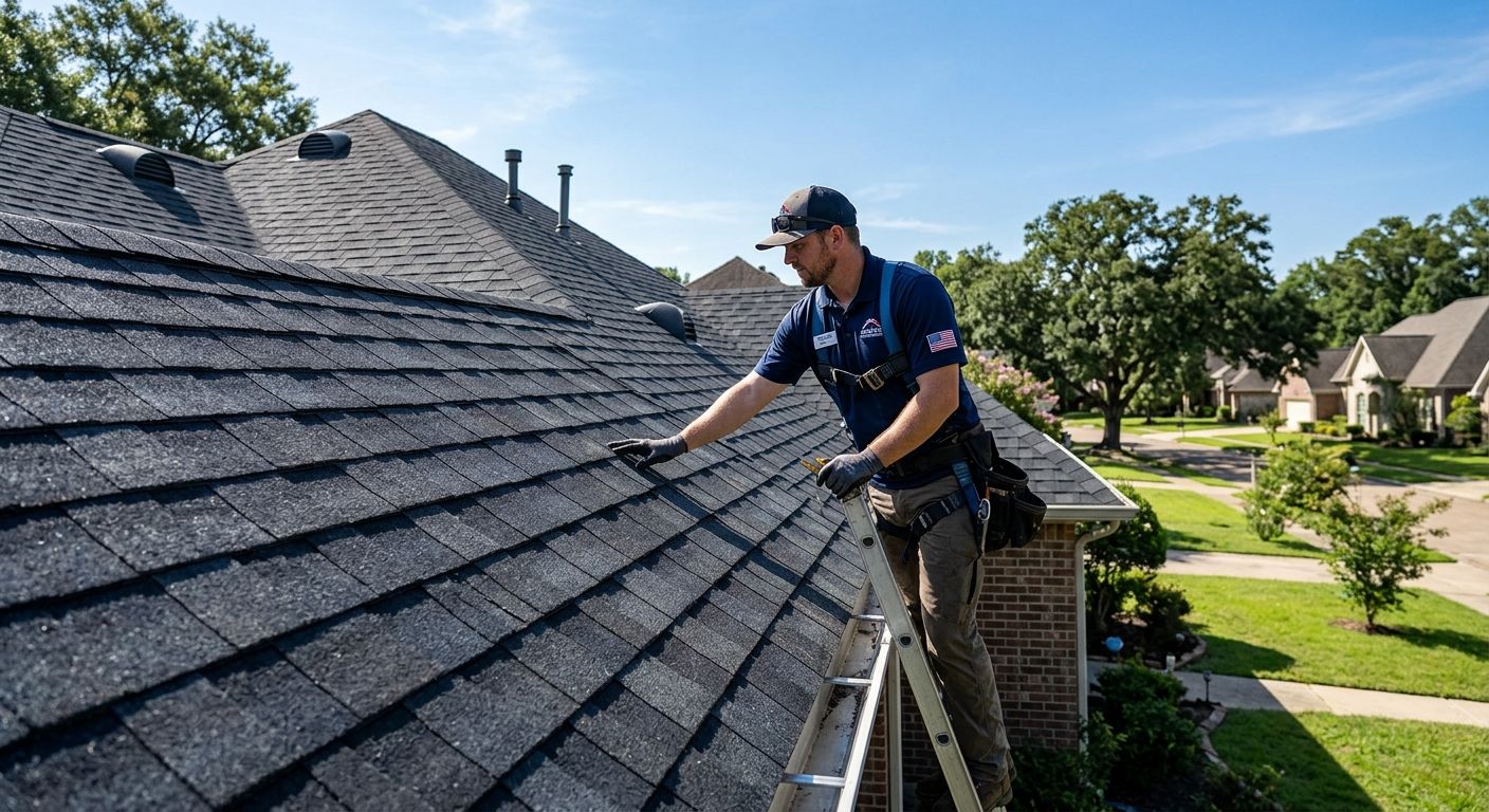 Professional photograph of a residential roof in Shreveport, Louisiana, featuring newly installed impact resistant shingles. A certified roofing contractor in a branded uniform stands on a ladder inspecting the shingles under a clear blue sky. The roof exhibits a modern architectural look with dimensional shingles that convey durability and protection from hail and high winds. Bright natural sunlight highlights the shingle texture and subtle color variations. In the background, a suburban Louisiana neighborhood with mature trees and well-kept lawns reinforces a sense of community and homeownership. The composition centers the contractor and roof, shot from a low angle to emphasize strength and reliability. Shallow depth of field keeps focus on the shingles while blurring the background slightly. The image radiates a professional, trustworthy atmosphere, ideal for a hero header.