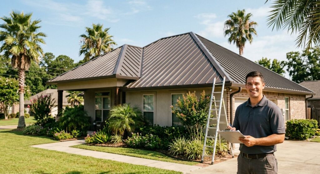 Modern Shreveport home with new standing seam metal roof, Triumph Roofing representative with clipboard