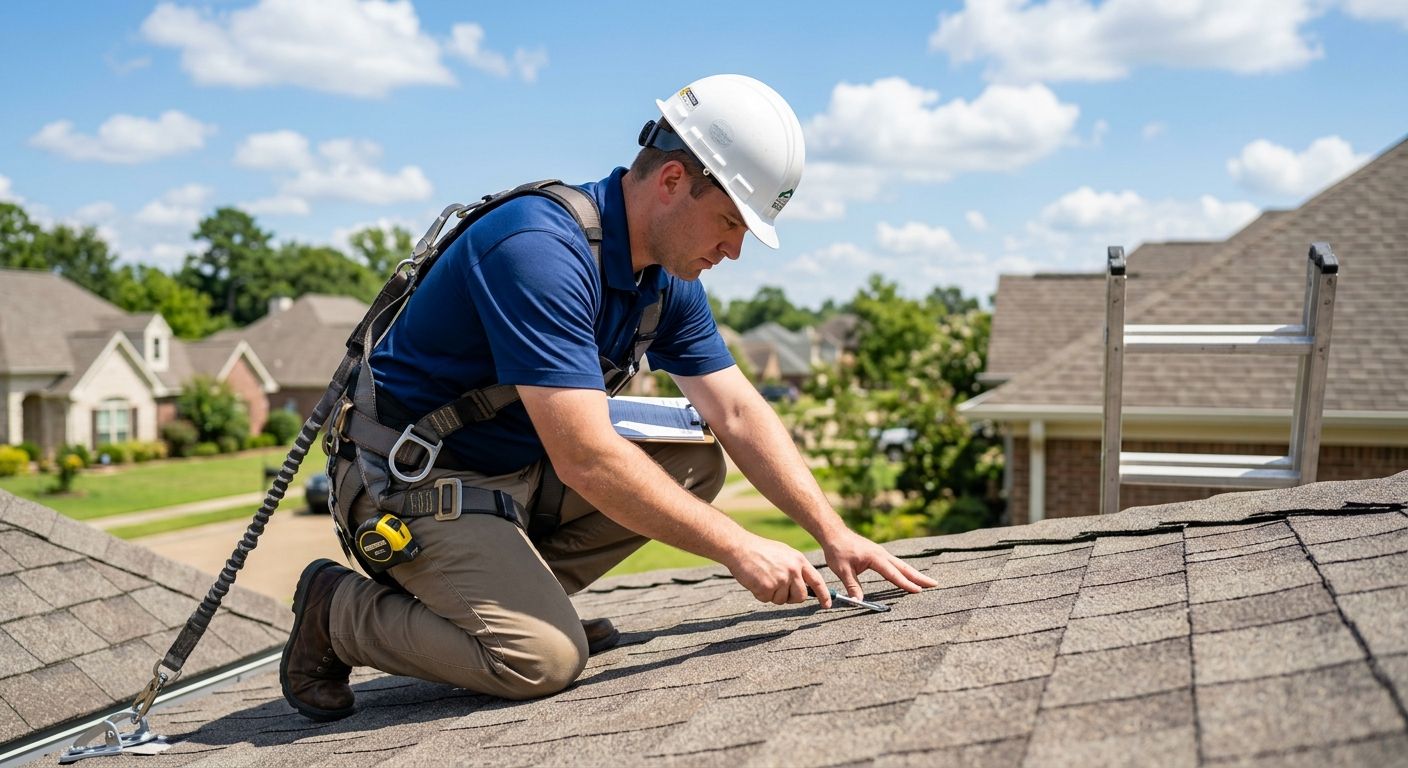 Professional photograph of a roofing inspector in a blue polo shirt on a residential roof in a Shreveport neighborhood